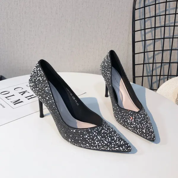 Glittrande Silver Afton Rhinestone Pumps 2020 8 cm Stilettklackar Spetsiga Pumps
