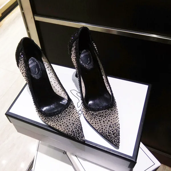 Charmig Silver Afton Rhinestone Pumps 2020 Läder 10 cm Stilettklackar Spetsiga Pumps