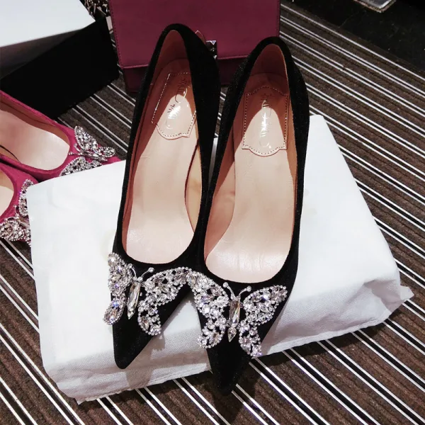 Chic Noire Promo Faux Diamant Papillon Escarpins 2020 9 cm Talons Aiguilles À Bout Pointu Escarpins