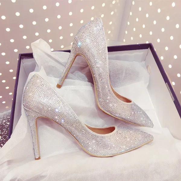 Błyszczące Uroczy Srebrny Rhinestone Buty Ślubne 2020 Skórzany 10 cm Szpilki Szpiczaste Ślub Czółenka