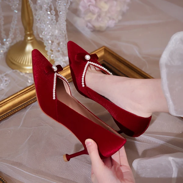 Chinese style Burgundy Suede Wedding Shoes 2020 Pearl Bow 6 cm Stiletto Heels Pointed Toe Wedding Pumps