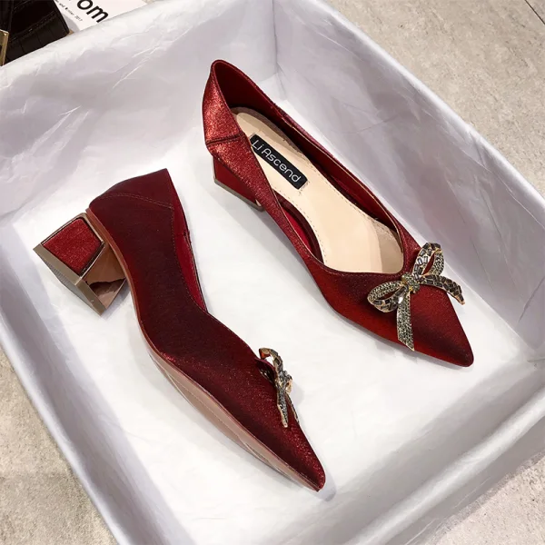 Fashion Burgundy Evening Party Rhinestone Bow Pumps 2020 4 cm Thick Heels Low Heel Pointed Toe Pumps