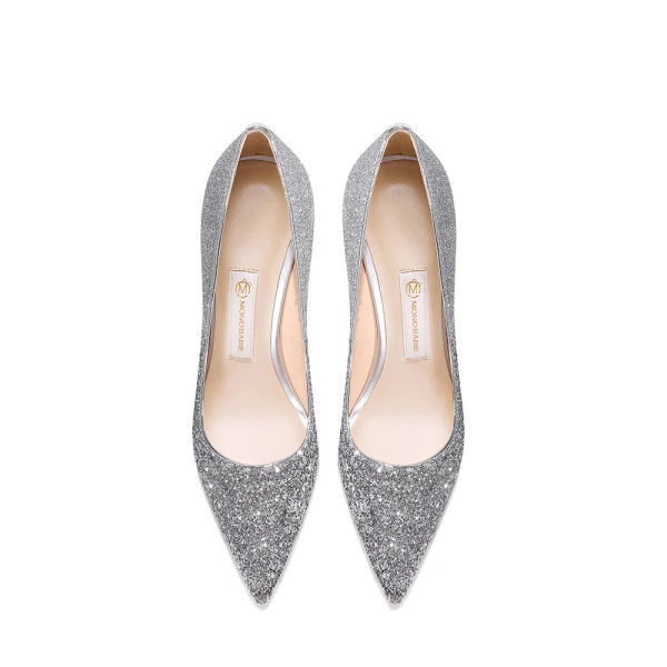 High End Farbverlauf Silber Glanz Pailletten Brautschuhe 2020 Leder 8 cm Stilettos Spitzschuh Hochzeit Pumps