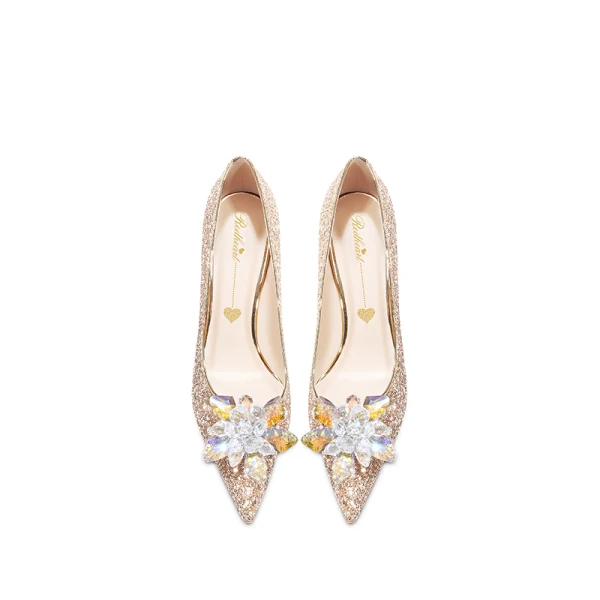Luxury / Gorgeous Gold Crystal Wedding Shoes 2020 Leather Sequins 8 cm Stiletto Heels Pointed Toe Wedding Pumps