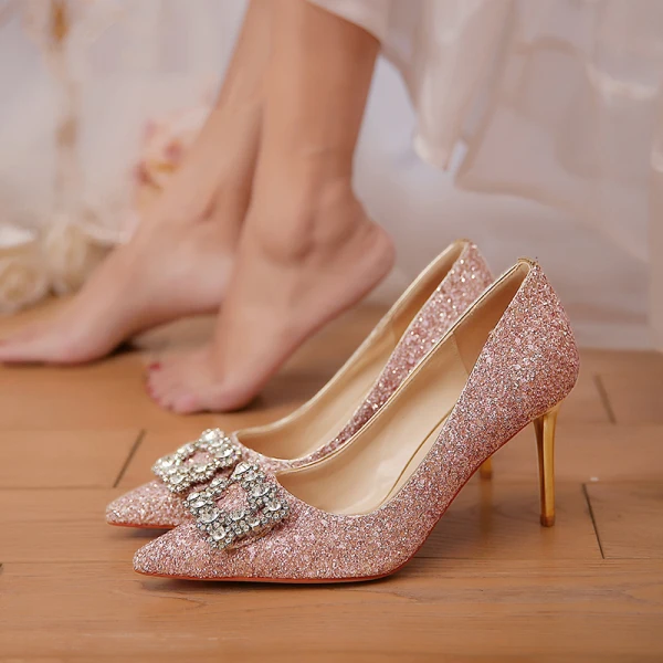 Charmant Gold Glanz Brautschuhe 2020 Strass Pailletten 8 cm Stilettos Spitzschuh Hochzeit Pumps