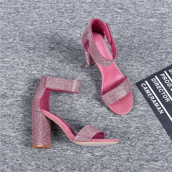 Minimalist Nude Evening Party Rhinestone Womens Sandals 2020 Leather 9 cm Thick Heels Open / Peep Toe Sandals
