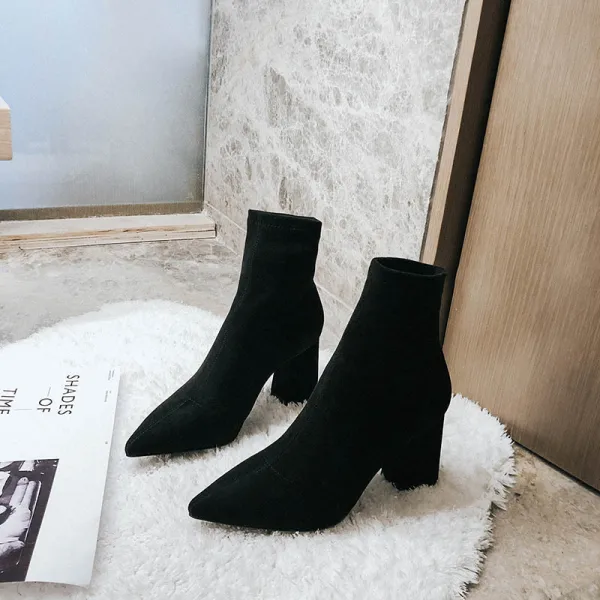 Chic / Beautiful Winter Black Street Wear Ankle Womens Boots 2020 Suede 7 cm Thick Heels Pointed Toe Boots