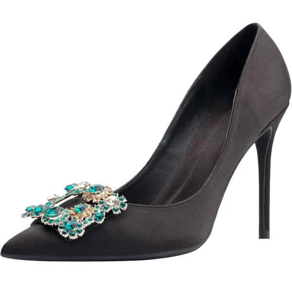Chic / Belle Noire Promo Satin Escarpins 2020 Faux Diamant 10 cm Talons Aiguilles À Bout Pointu Escarpins