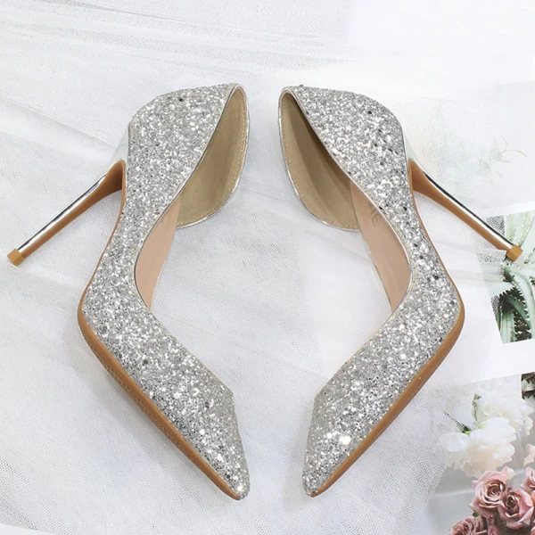 Sparkly Silver Evening Party Glitter Sequins Womens Shoes 2020 10 cm Stiletto Heels Pointed Toe Heels