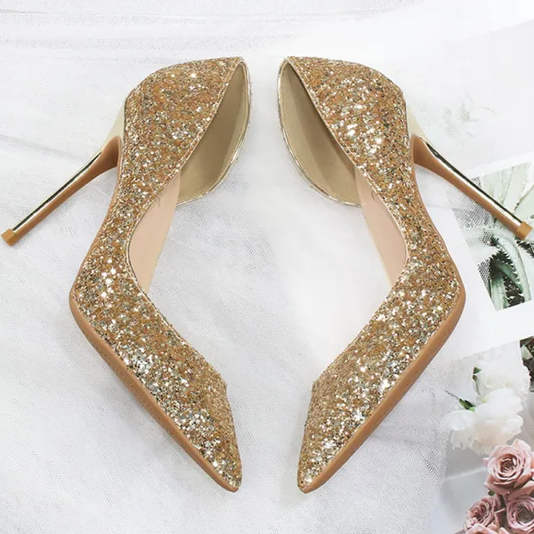 Sparkly Gold Evening Party Glitter Sequins Womens Shoes 2020 10 cm Stiletto Heels Heels Pointed Toe