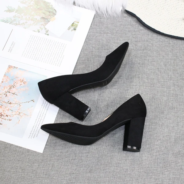 Modest / Simple Black Office OL Suede Pumps 2020 8 cm Thick Heels Pointed Toe Pumps