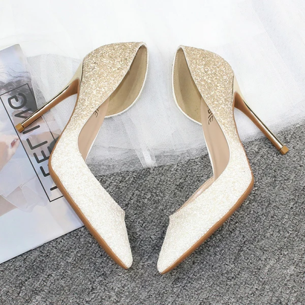 Charming Gradient-Color Gold Evening Party Womens Shoes 2020 Glitter Sequins 10 cm Stiletto Heels Pointed Toe Heels