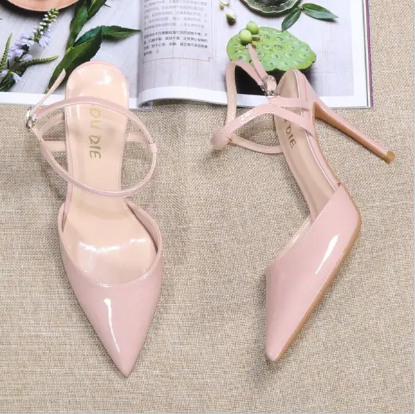 Sexy Fashion Nude Evening Party Womens Sandals 2020 Ankle Strap Patent Leather 10 cm Stiletto Heels Pointed Toe Heels