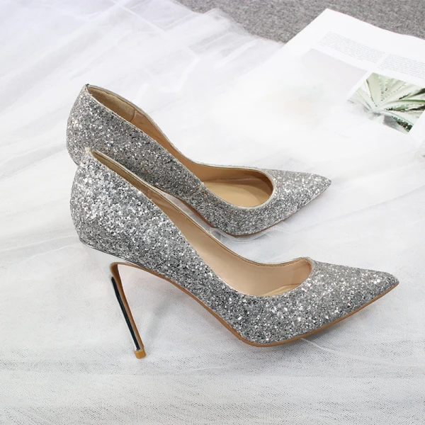 Scintillantes Mode Argenté Glitter Soirée Escarpins 2020 Paillettes 10 cm Talons Aiguilles À Bout Pointu Escarpins