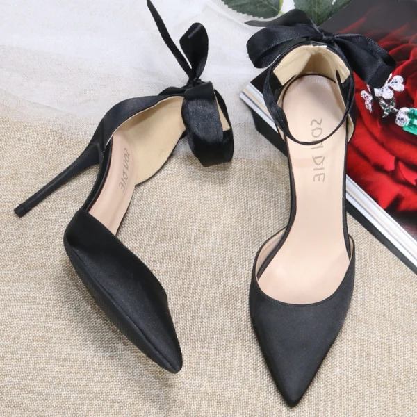Fashion Black Prom Satin Womens Shoes 2020 Ankle Strap Bow 10 cm Stiletto Heels Pointed Toe Heels