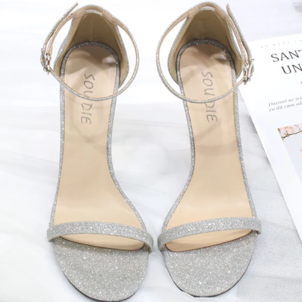 Sexy Silber Abend Glanz Pailletten Sandalen Damen 2020 Knöchelriemen 10 cm Stilettos Peeptoes Sandaletten