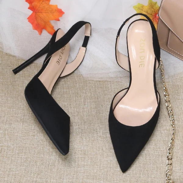 Piękne Czarne Zużycie ulicy Slingback Zamszowe Sandały Damskie 2020 10 cm Szpilki Szpiczaste Sandały