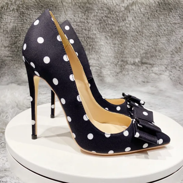 Edles Schwarz Cocktail Seide Satin Pumps 2020 Geflecktes Schleife 12 cm Stilettos Spitzschuh Pumps