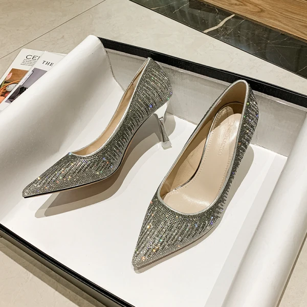 Scintillantes Argenté Cristal Chaussure De Mariée 2020 Faux Diamant 7 cm Talons Aiguilles À Bout Pointu Mariage Escarpins