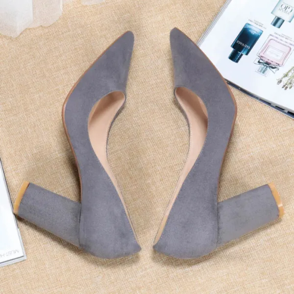 Simple Gris Bureau OL Daim Escarpins 2020 8 cm Talons Épais À Bout Pointu Escarpins