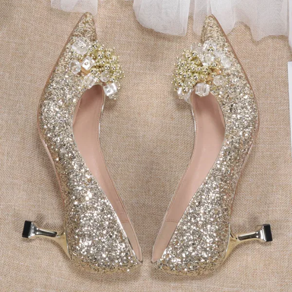 Uroczy Błyszczące Złote Buty Ślubne 2020 Cekiny Rhinestone 6 cm Szpilki Szpiczaste Ślub Czółenka