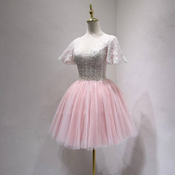 Chic / Belle Rougissant Rose Robe De Fete 2018 Princesse En Dentelle Perle V-Cou Dos Nu Manches Courtes Courte Robe De Ceremonie