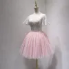 Chic / Beautiful Blushing Pink Party Dresses 2018 A-Line / Princess Lace Pearl V-Neck Backless Short Sleeve Short Formal Dresses