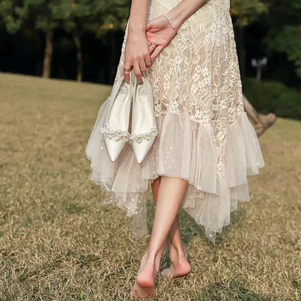 Classy Ivory Pearl Rhinestone Wedding Shoes 2020 8 cm Stiletto Heels Pointed Toe Wedding Pumps