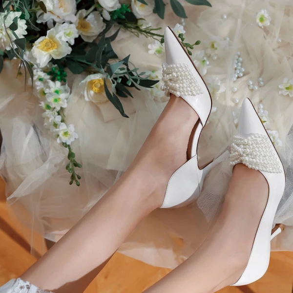 Chic Ivoire Perle Chaussure De Mariée 2020 8 cm Talons Aiguilles À Bout Pointu Mariage Talons