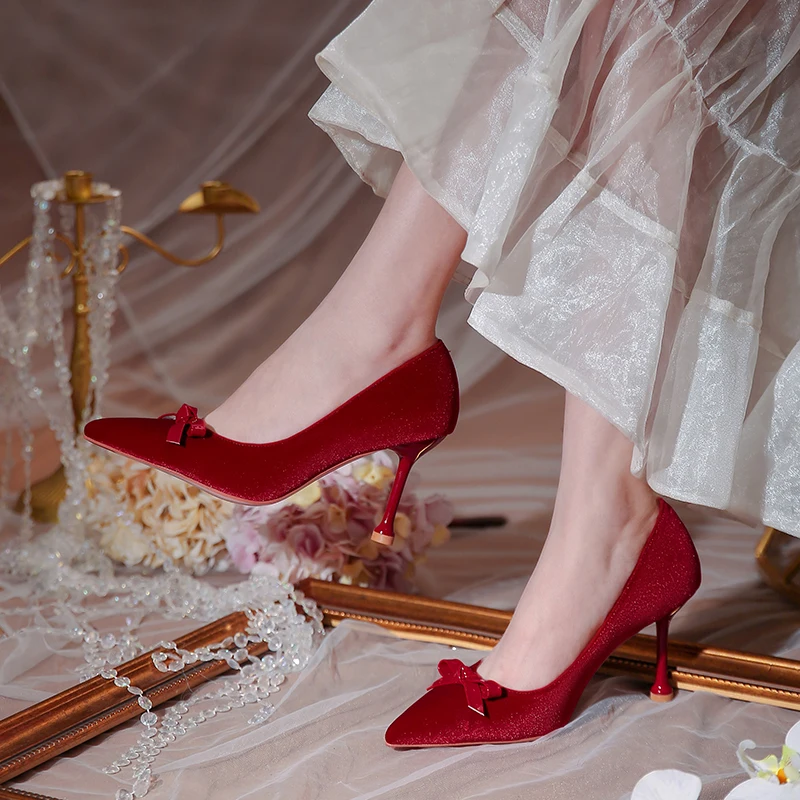 Bow Burgundy Bridesmaid Shoes Chic Beautiful Burgundy Pearl Wedding Shoes  2023 Cm Stiletto