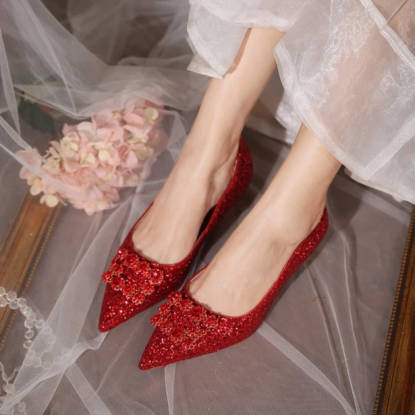 Charming Rose Gold Sequins Rhinestone Flat Wedding Shoes 2020 Low Heels / Kitten Heels Pointed Toe Wedding Heels