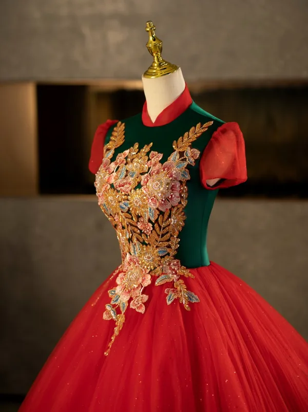 Vintage / Retro Red Beading Lace Flower Sequins Prom Dresses 2025 Ball Gown High Neck Short Sleeve Vintage / Retro Red Beading Lace Flower Sequins Prom Dresses 2025 Ball Gown High Neck Short Sleeve