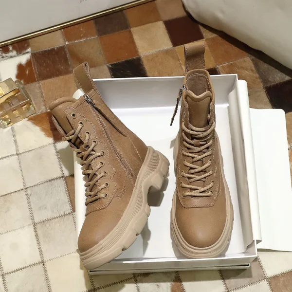 Fashion Chic / Beautiful Winter Tan Street Wear Leather Womens Boots 2020 Ankle Round Toe Boots