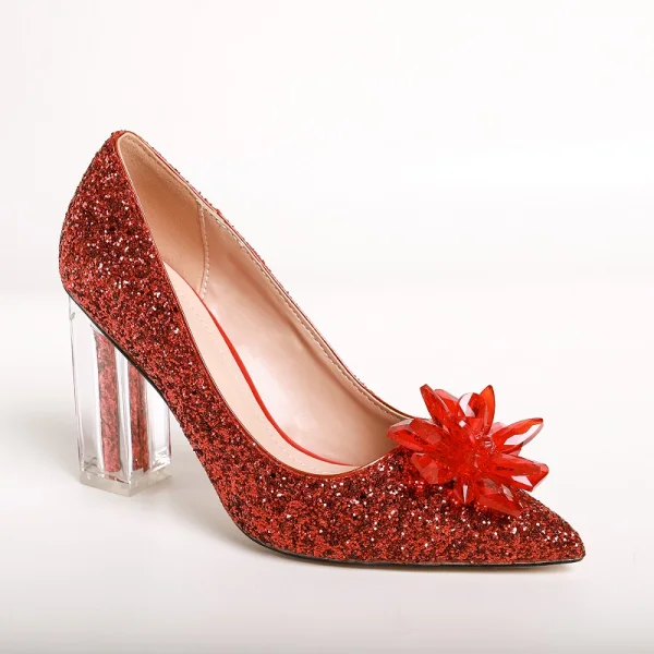 Glittrande Silver Kristall Brudskor 2020 Paljetter 9 cm Tjocka Klackar Spetsiga Bröllop Pumps