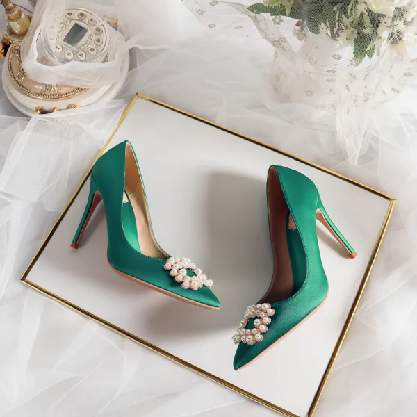 Elegant Ivory Pearl Rhinestone Wedding Shoes 2020 Leather 10 cm Stiletto Heels Pointed Toe Wedding Pumps