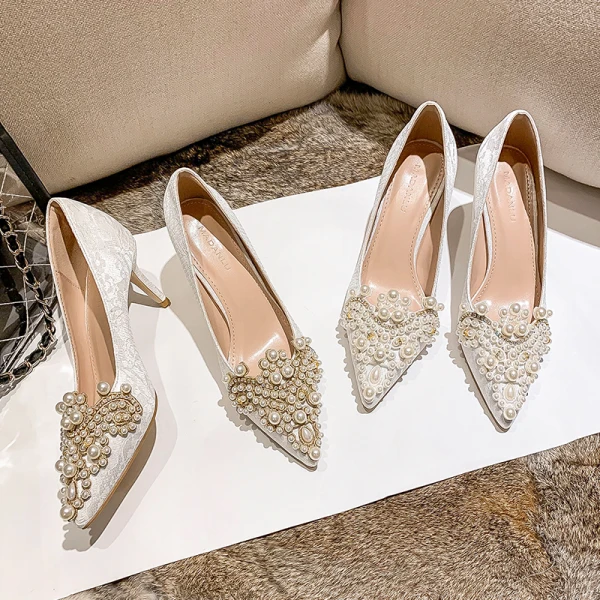 Chic Ivoire Faux Diamant Perle Chaussure De Mariée 2020 7 cm Talons Aiguilles À Bout Pointu Mariage Escarpins