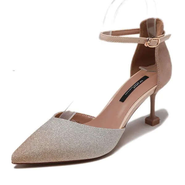 Chic / Beautiful Champagne Evening Party Womens Shoes 2020 Ankle Strap 6 cm Stiletto Heels Pointed Toe Heels