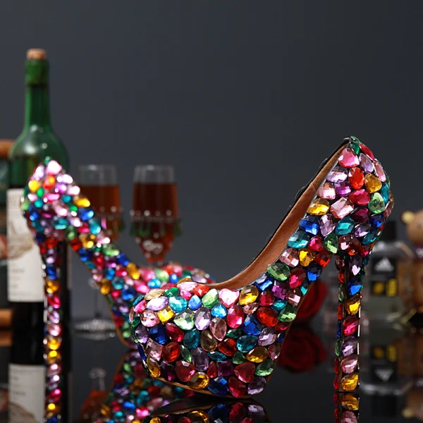 Sexy Multi-Colors Crystal Rhinestone Rave Club Pumps 2020 Leather Waterproof 14 cm Stiletto Heels Pointed Toe Pumps