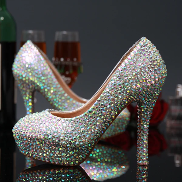 Glitzernden Charmant Multifarben Strass Karneval Club Pumps 2020 Leder Wasserdichte 14 cm Stilettos Spitzschuh Pumps