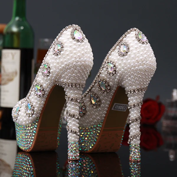 Charming Chic / Beautiful Ivory Pearl Crystal Wedding Shoes 2020 Rhinestone Leather Waterproof 14 cm Stiletto Heels Pointed Toe Wedding Pumps