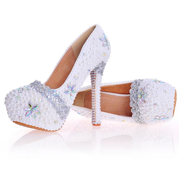 Charming Ivory Pearl Rhinestone Wedding Shoes 2020 Leather Waterproof 14 cm Stiletto Heels Pointed Toe Wedding Pumps