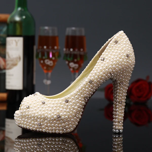 Sexy Ivory Pearl Rhinestone Wedding Shoes 2020 Leather 12 cm Stiletto Heels Pointed Toe Wedding Pumps