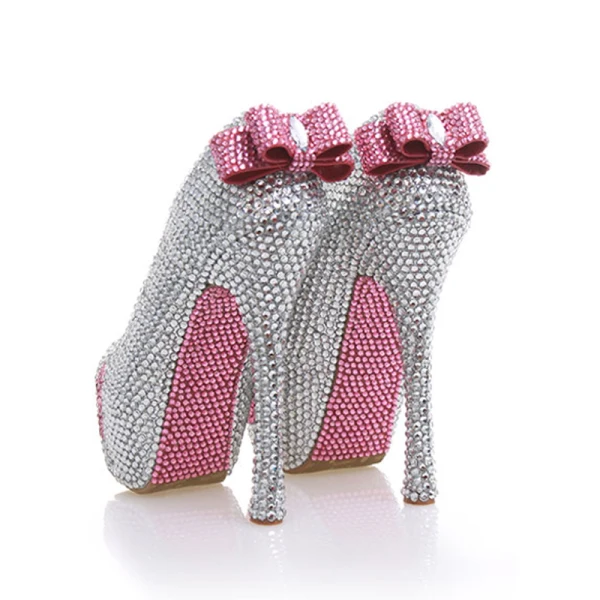 Charmant Argenté Faux Diamant Chaussure De Mariée 2020 Noeud Cuir Imperméables 14 cm Talons Aiguilles À Bout Rond Mariage Escarpins
