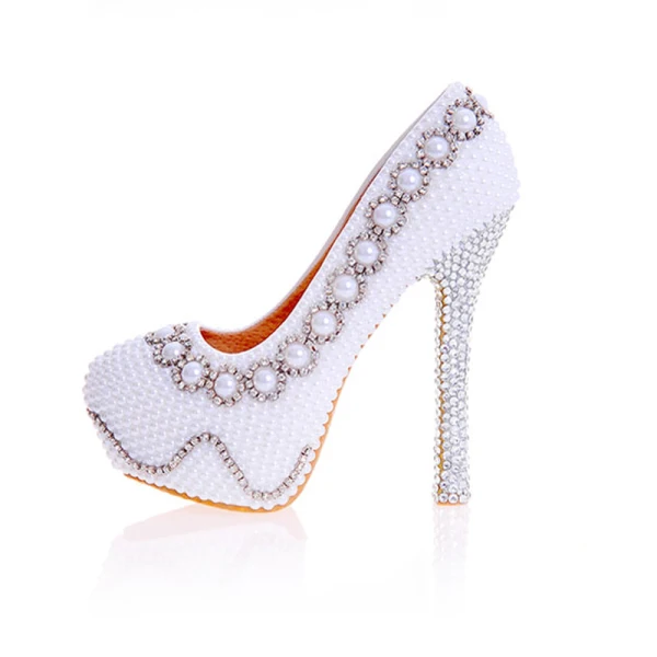 Sexy Ivory Pearl Rhinestone Wedding Shoes 2020 Leather Waterproof 14 cm Stiletto Heels Round Toe Wedding Pumps