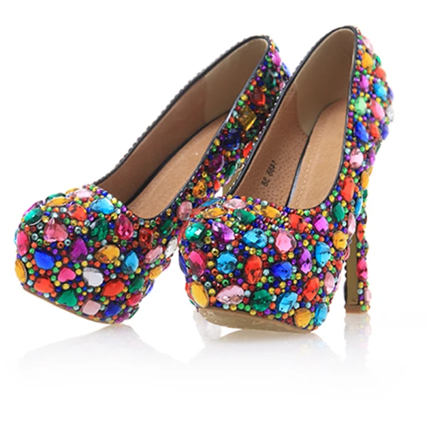 Amazing / Unique Multi-Colors Crystal Rave Club Pumps 2020 Leather Waterproof 14 cm Stiletto Heels Pointed Toe Pumps
