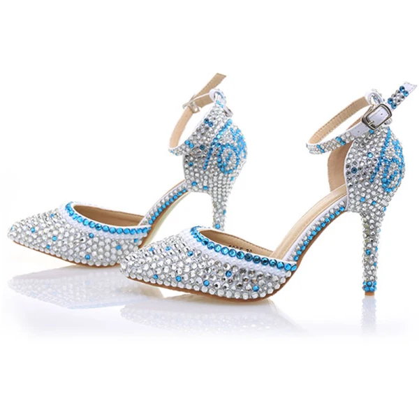 Sexy Silver Evening Party Rhinestone Womens Sandals 2020 Ankle Strap 10 cm Stiletto Heels Pointed Toe Sandals