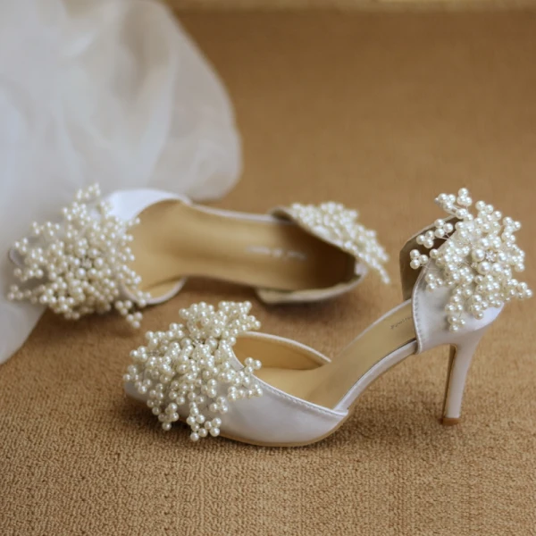 Chic Ivoire Perle Chaussure De Mariée 2020 Faux Diamant 8 cm Talons Aiguilles À Bout Pointu Mariage Talons