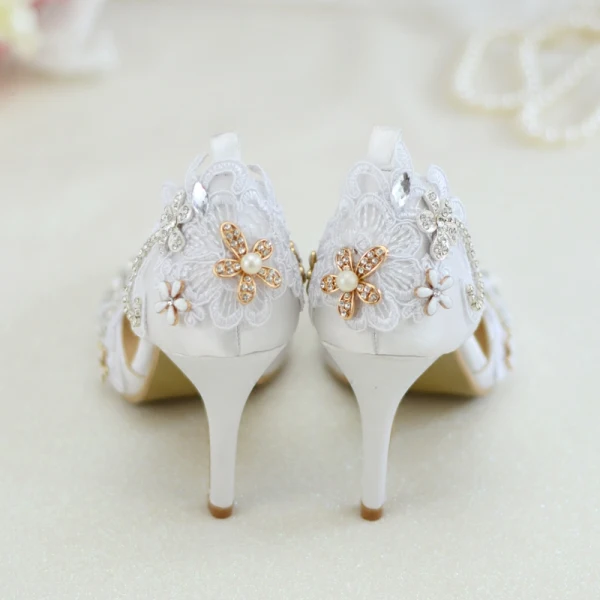 Elegant White Lace Flower Wedding Shoes 2020 Rhinestone 8 cm Stiletto Heels Pointed Toe Wedding Heels