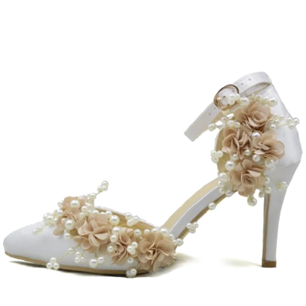 Edles Weiß Brautschuhe 2020 Perle Blumen Knöchelriemen 8 cm Stilettos Spitzschuh Hochzeit High Heels
