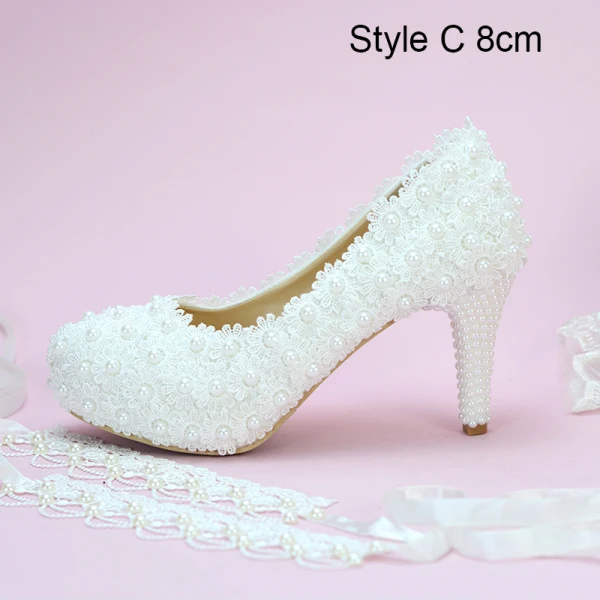 Classic Ivory Lace Flower Wedding Shoes 2020 Pearl 14 cm Stiletto Heels Round Toe Wedding Pumps